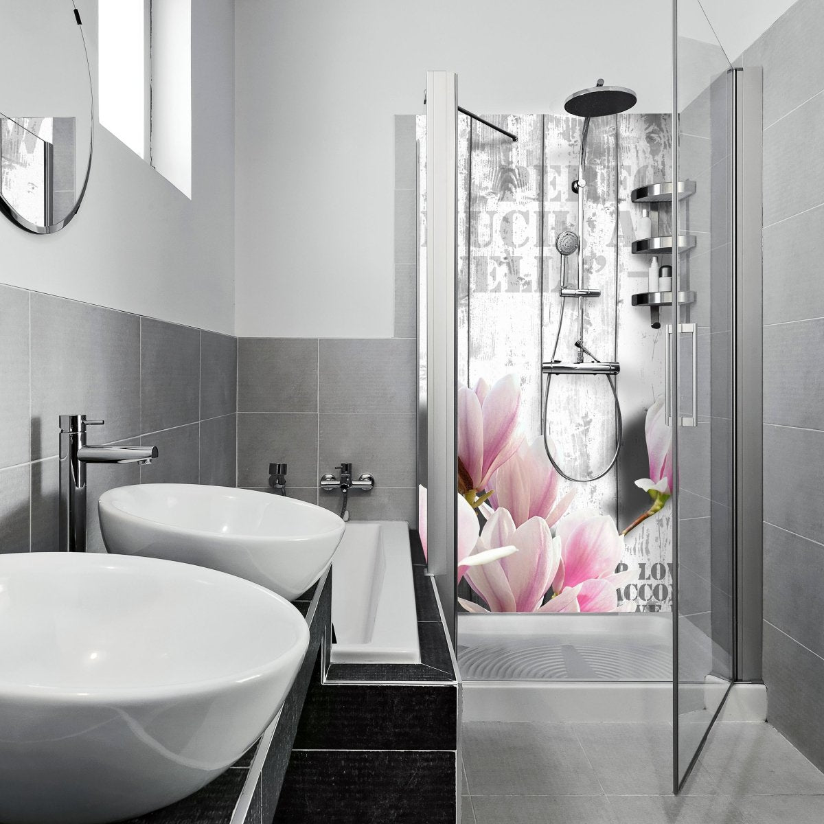 Duschwand Holz rosa Blüten M0540 entdecken - Bild 1 Duschwand Holz rosa Blüten M0540 entdecken - Bild 1