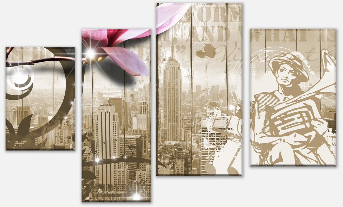 Leinwandbild Mehrteiler Musik Vintage Blüten New York M0548 Leinwandbild Mehrteiler Musik Vintage Blüten New York M0548