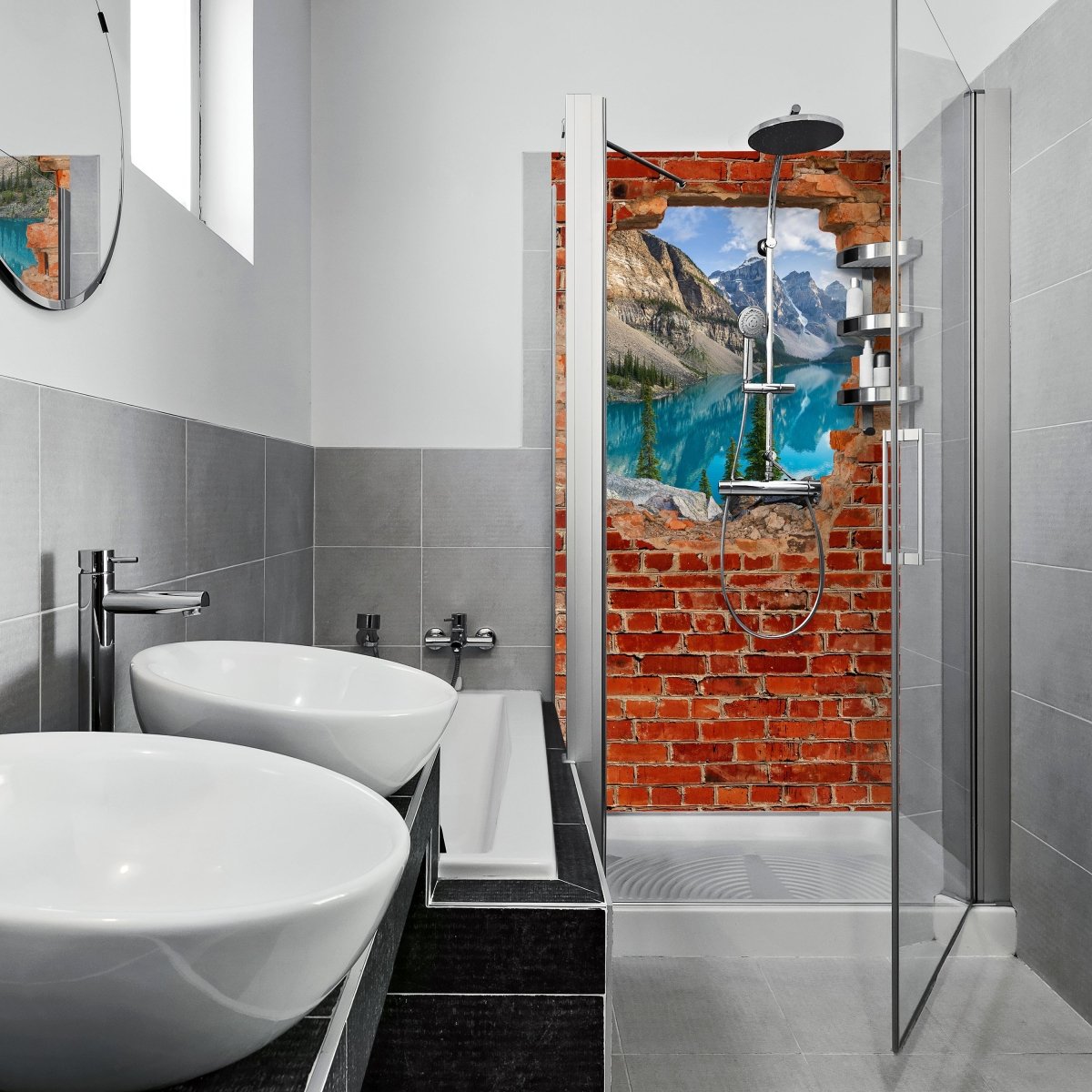 Duschwand Moraine See Panorama - Roter Backstein M0609 entdecken - Bild 1 Duschwand Moraine See Panorama - Roter Backstein M0609 entdecken - Bild 1