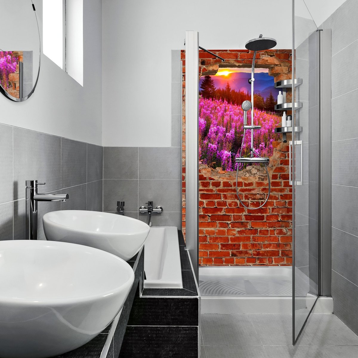 Duschwand Herbst in den Bergen - Roter Backstein M0619 entdecken - Bild 1 Duschwand Herbst in den Bergen - Roter Backstein M0619 entdecken - Bild 1