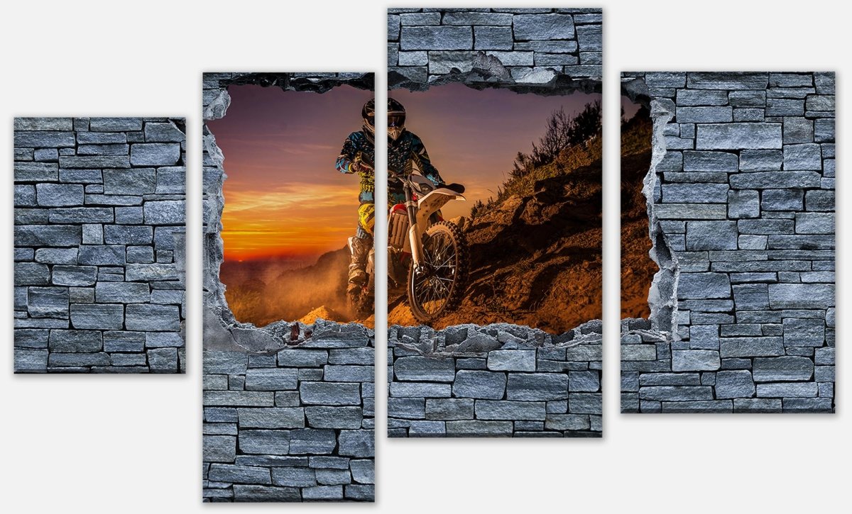 Leinwandbild Mehrteiler 3D Extreme Biker- grobe Steinmauer M0642 Leinwandbild Mehrteiler 3D Extreme Biker- grobe Steinmauer M0642