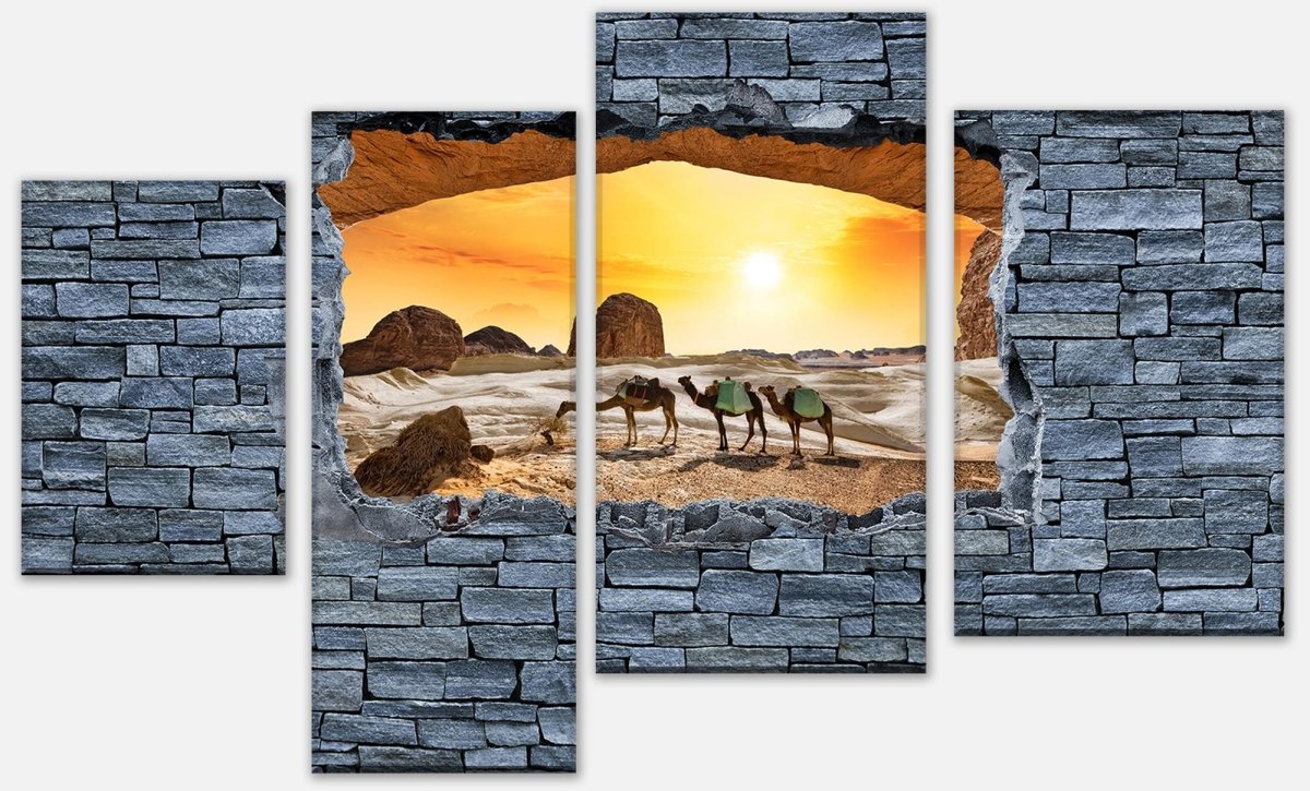 Leinwandbild Mehrteiler 3D Kamele in der Wüste- grobe Steinmauer M0643 Leinwandbild Mehrteiler 3D Kamele in der Wüste- grobe Steinmauer M0643