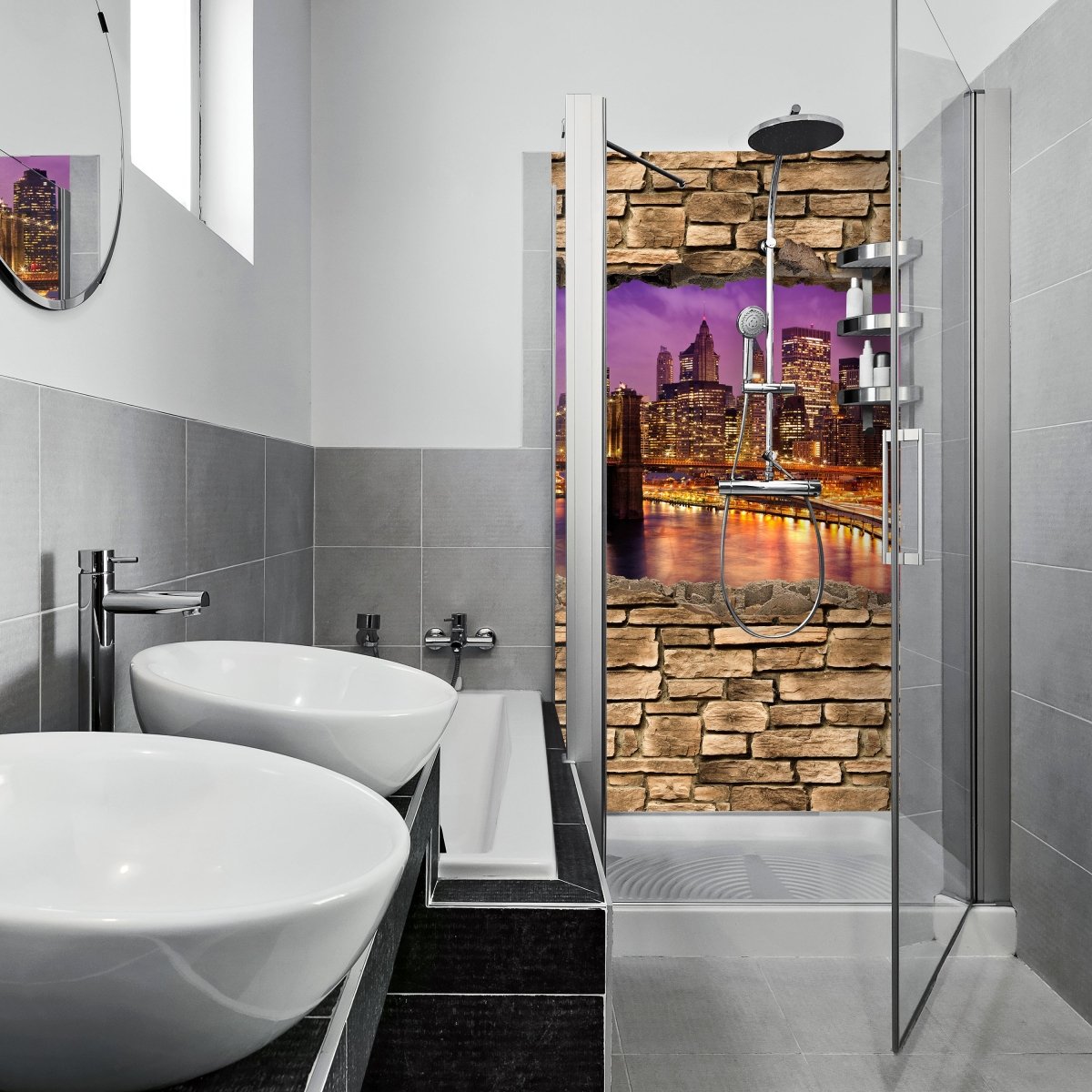 Duschwand 3D New York bei Nacht - Steinmauer M0648 entdecken - Bild 1 Duschwand 3D New York bei Nacht - Steinmauer M0648 entdecken - Bild 1