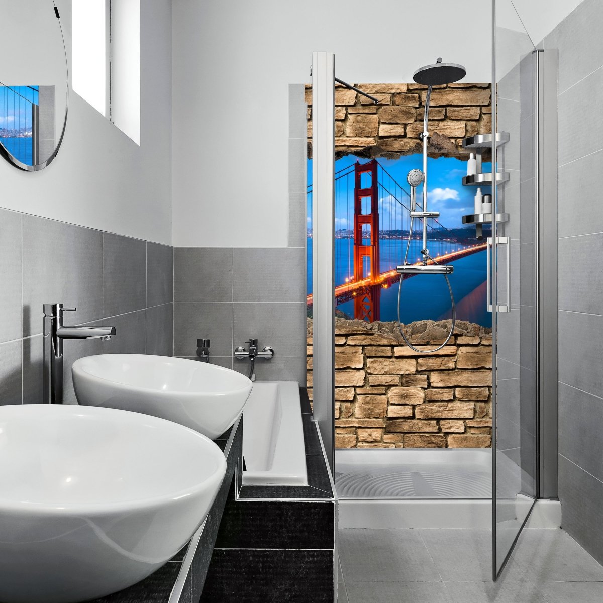 Duschwand 3D Golden Gate Brigde in San Francisco - Steinmauer M0649 entdecken - Bild 1 Duschwand 3D Golden Gate Brigde in San Francisco - Steinmauer M0649 entdecken - Bild 1