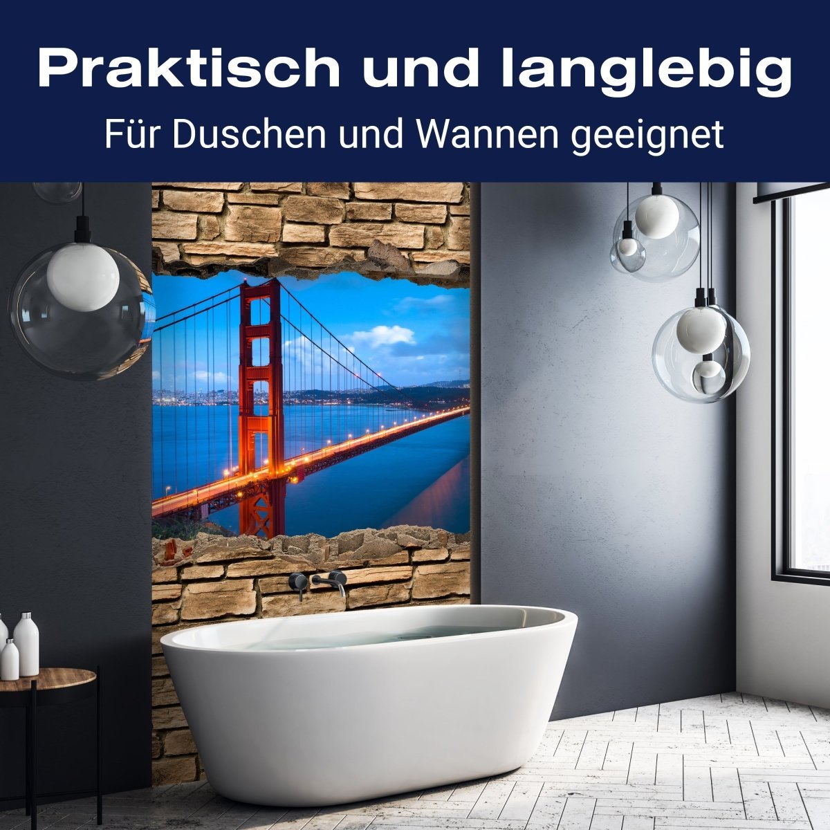 Duschwand 3D Golden Gate Brigde in San Francisco - Steinmauer M0649 entdecken - Bild 3 Duschwand 3D Golden Gate Brigde in San Francisco - Steinmauer M0649 entdecken - Bild 3