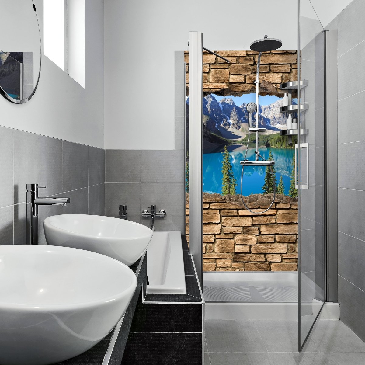 Duschwand 3D Moraine Lake Kanada - Steinmauer M0650 entdecken - Bild 1 Duschwand 3D Moraine Lake Kanada - Steinmauer M0650 entdecken - Bild 1