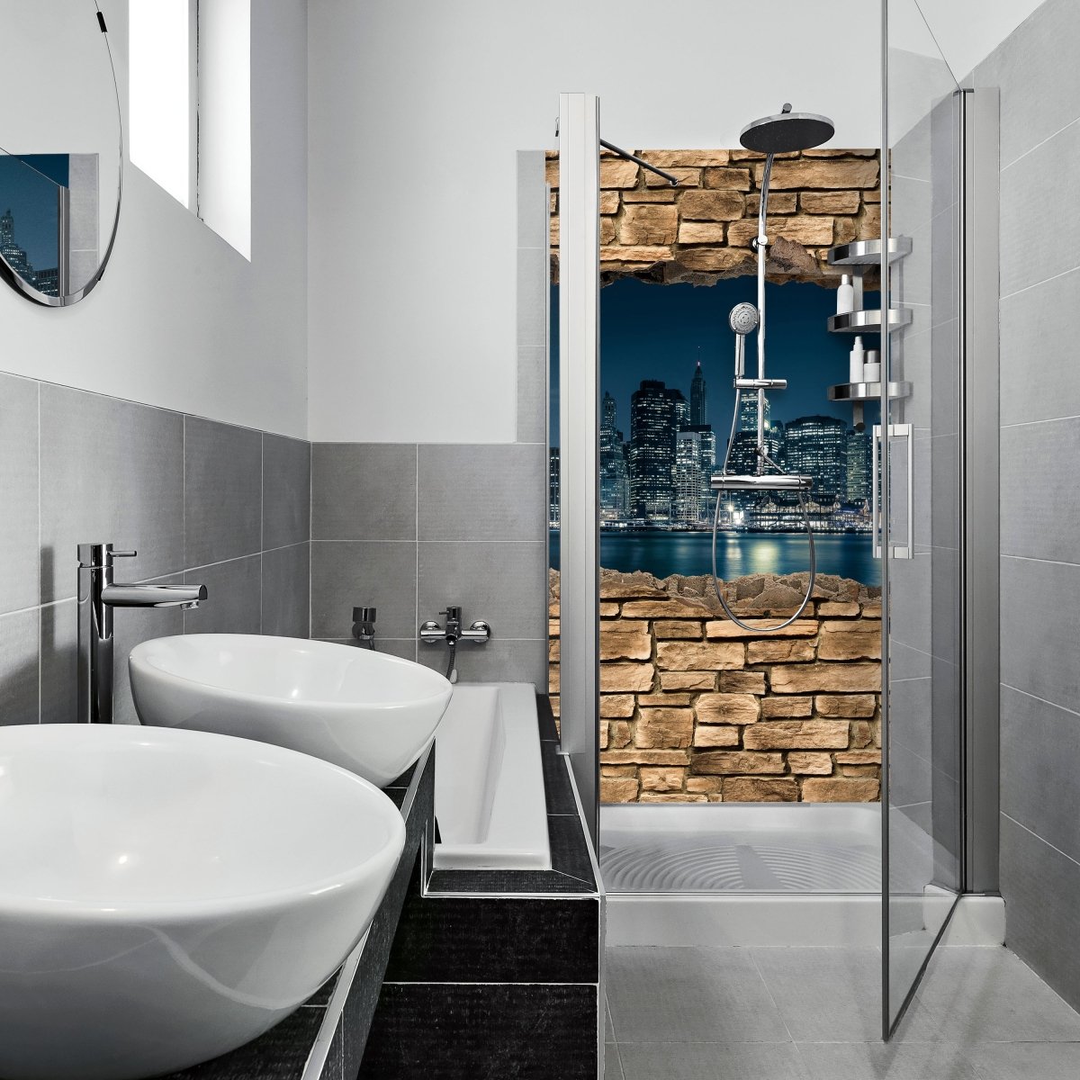 Duschwand 3D New York City by Nacht - Steinmauer M0653 entdecken - Bild 1 Duschwand 3D New York City by Nacht - Steinmauer M0653 entdecken - Bild 1