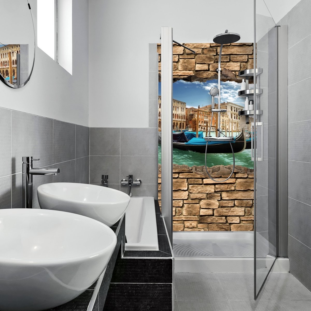 Duschwand 3D Gondeln Venedig - Steinmauer M0655 entdecken - Bild 1 Duschwand 3D Gondeln Venedig - Steinmauer M0655 entdecken - Bild 1