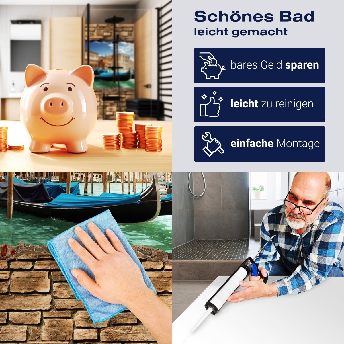 Duschwand 3D Gondeln Venedig - Steinmauer M0655 entdecken - Bild 7 Duschwand 3D Gondeln Venedig - Steinmauer M0655 entdecken - Bild 7