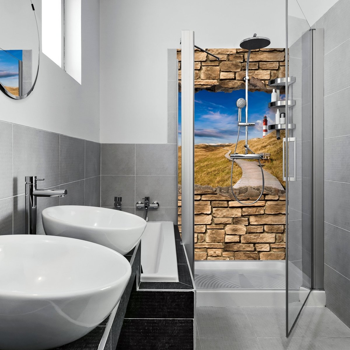 Duschwand 3D Leuchtturm mit Holzweg - Steinmauer M0657 entdecken - Bild 1 Duschwand 3D Leuchtturm mit Holzweg - Steinmauer M0657 entdecken - Bild 1