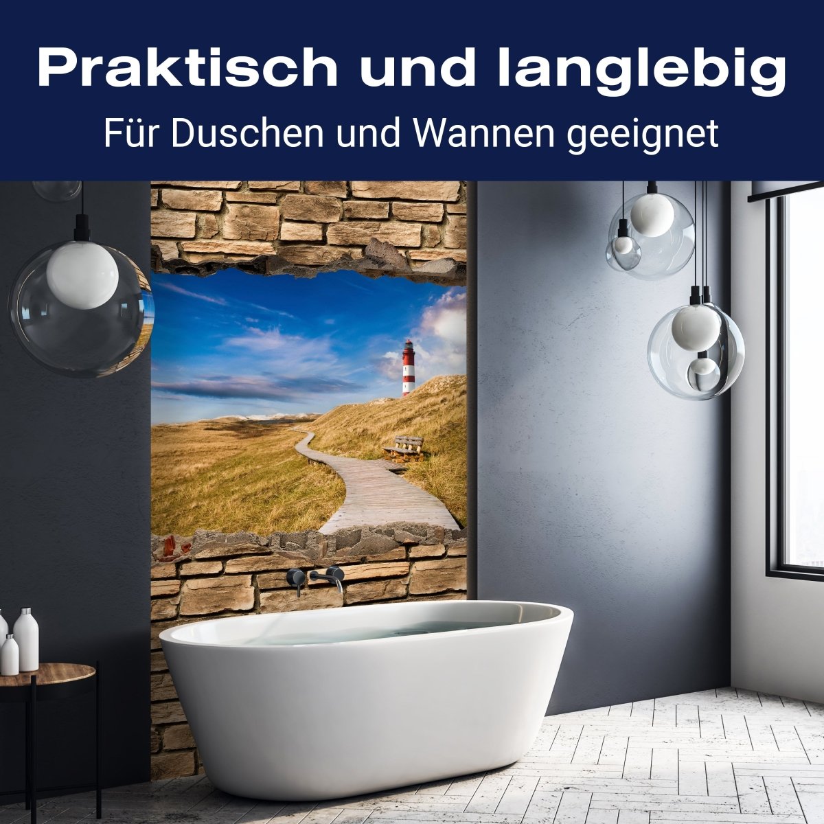 Duschwand 3D Leuchtturm mit Holzweg - Steinmauer M0657 entdecken - Bild 3 Duschwand 3D Leuchtturm mit Holzweg - Steinmauer M0657 entdecken - Bild 3