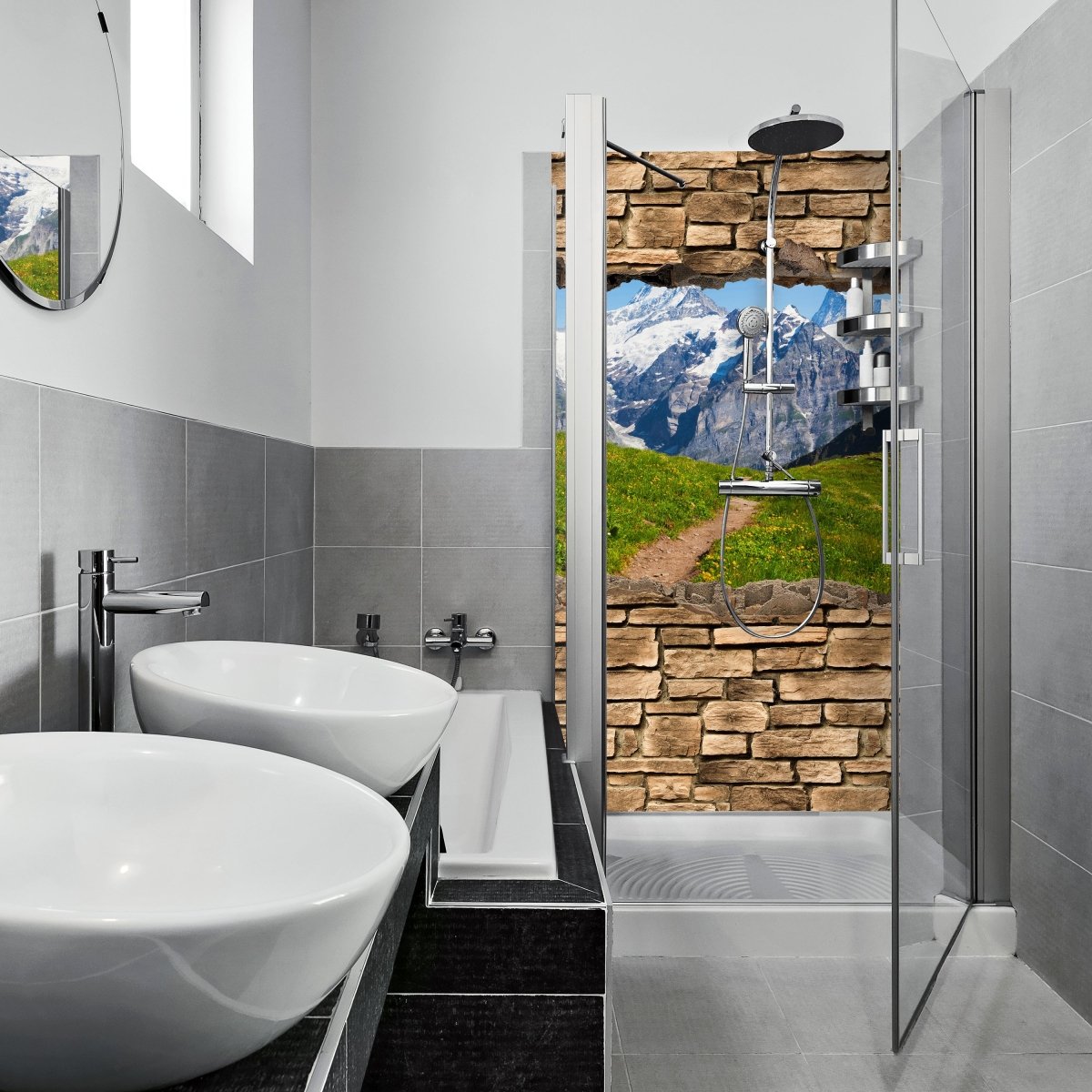 Duschwand 3D Sommerwiese in den Alpen - Steinmauer M0658 entdecken - Bild 1 Duschwand 3D Sommerwiese in den Alpen - Steinmauer M0658 entdecken - Bild 1