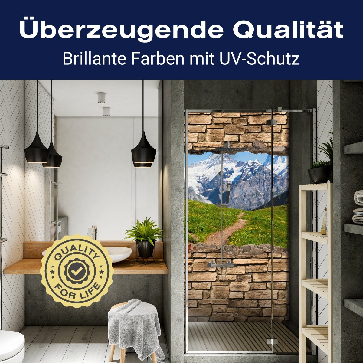 Duschwand 3D Sommerwiese in den Alpen - Steinmauer M0658 entdecken - Bild 2 Duschwand 3D Sommerwiese in den Alpen - Steinmauer M0658 entdecken - Bild 2