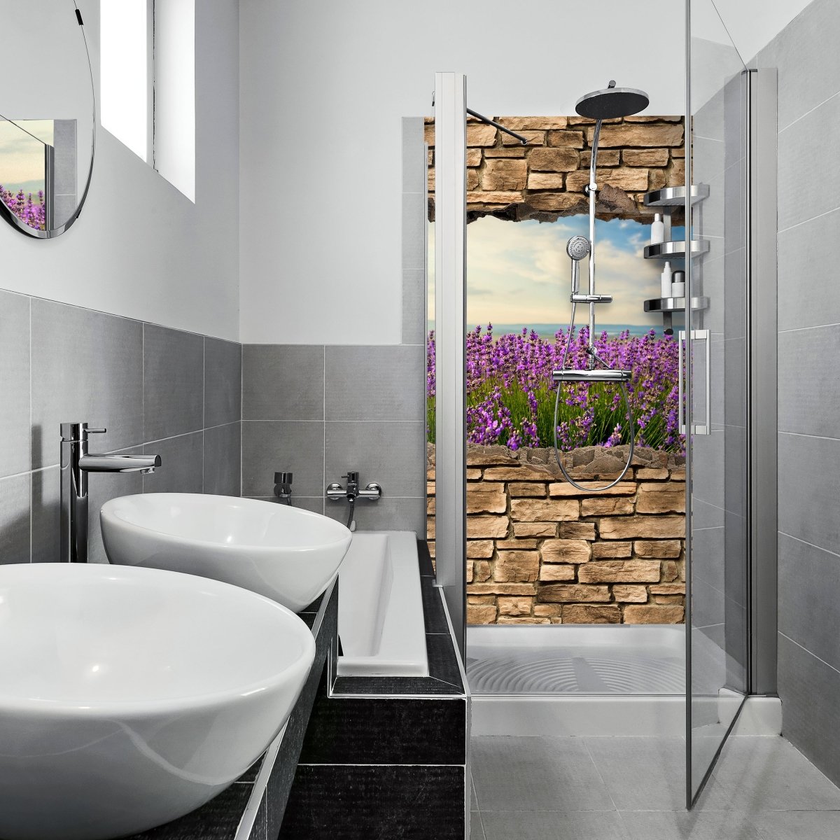 Duschwand 3D Lavendelfeld am Meer - Steinmauer M0663 entdecken - Bild 1 Duschwand 3D Lavendelfeld am Meer - Steinmauer M0663 entdecken - Bild 1