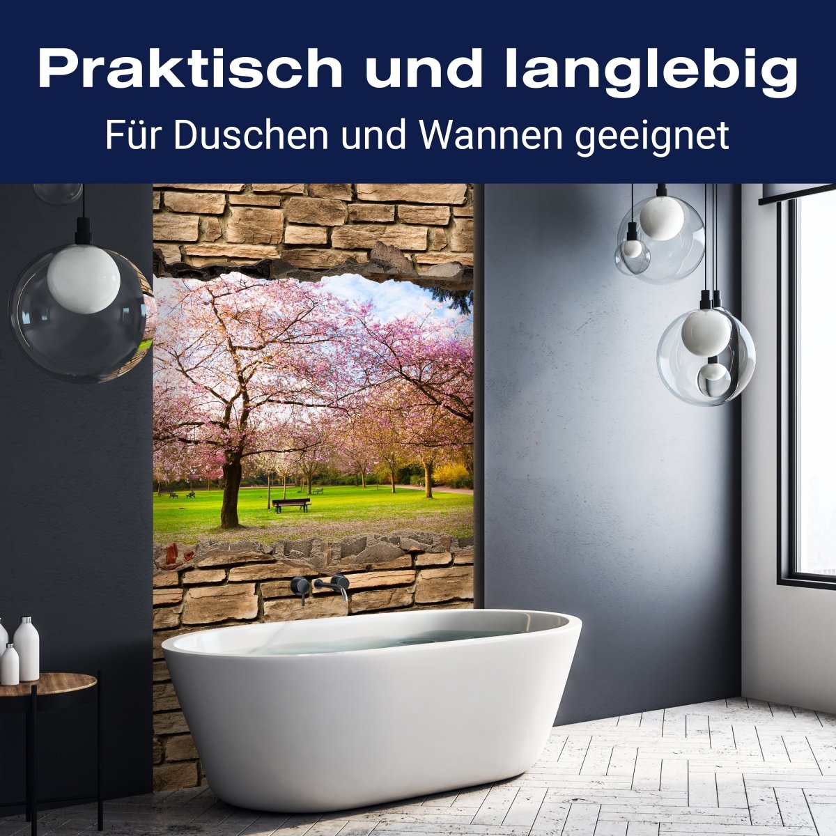 Duschwand 3D Sakura Blumen blühen - Steinmauer M0667 entdecken - Bild 3 Duschwand 3D Sakura Blumen blühen - Steinmauer M0667 entdecken - Bild 3