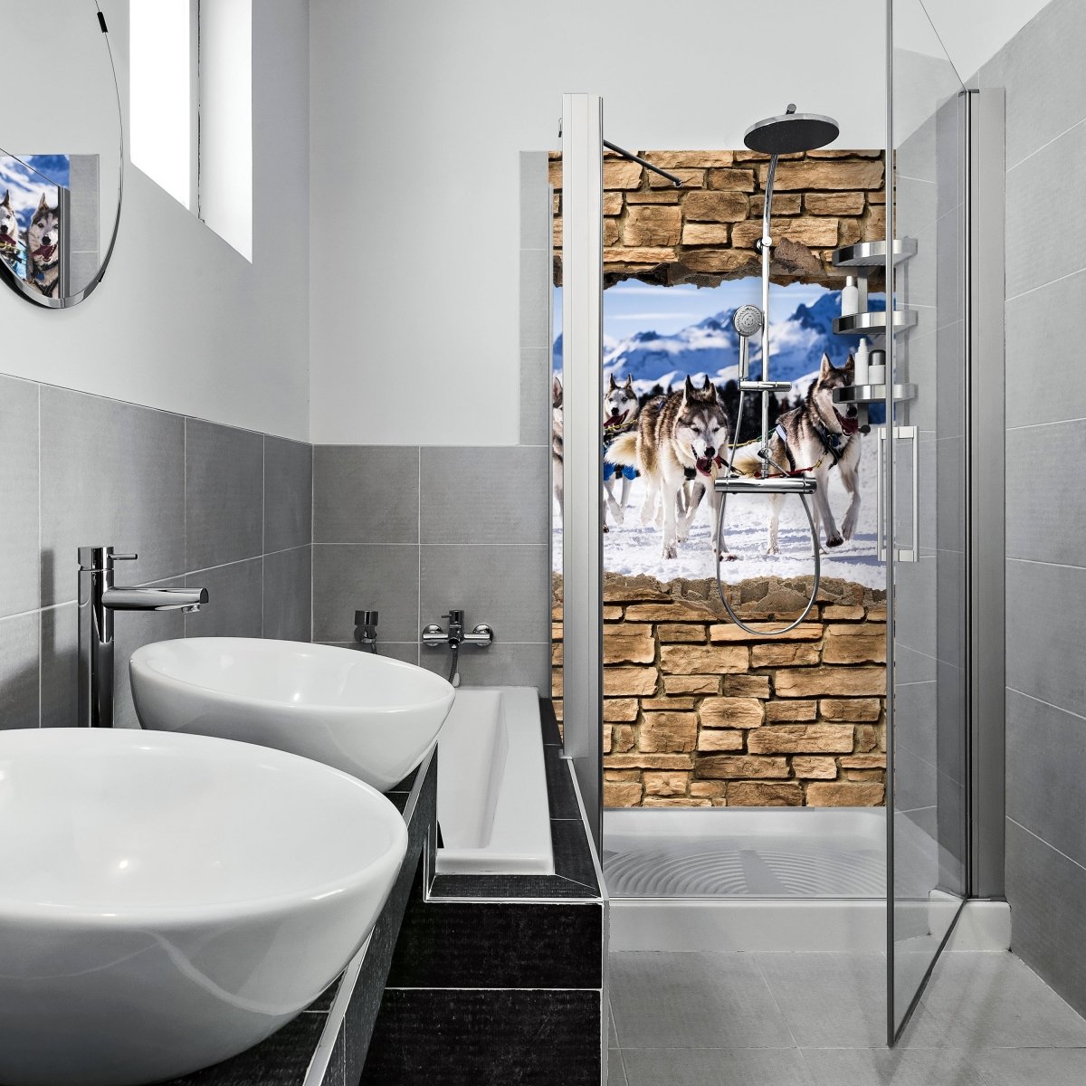 Duschwand 3D Schlittenhunde Racing - Steinmauer M0671 entdecken - Bild 1 Duschwand 3D Schlittenhunde Racing - Steinmauer M0671 entdecken - Bild 1