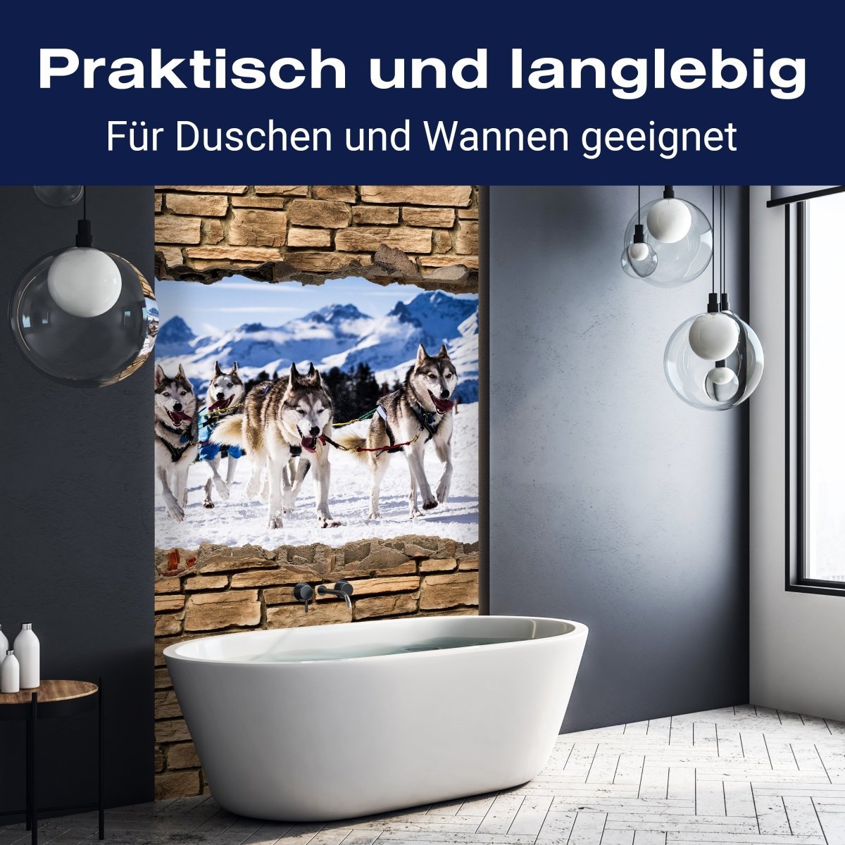 Duschwand 3D Schlittenhunde Racing - Steinmauer M0671 entdecken - Bild 3 Duschwand 3D Schlittenhunde Racing - Steinmauer M0671 entdecken - Bild 3