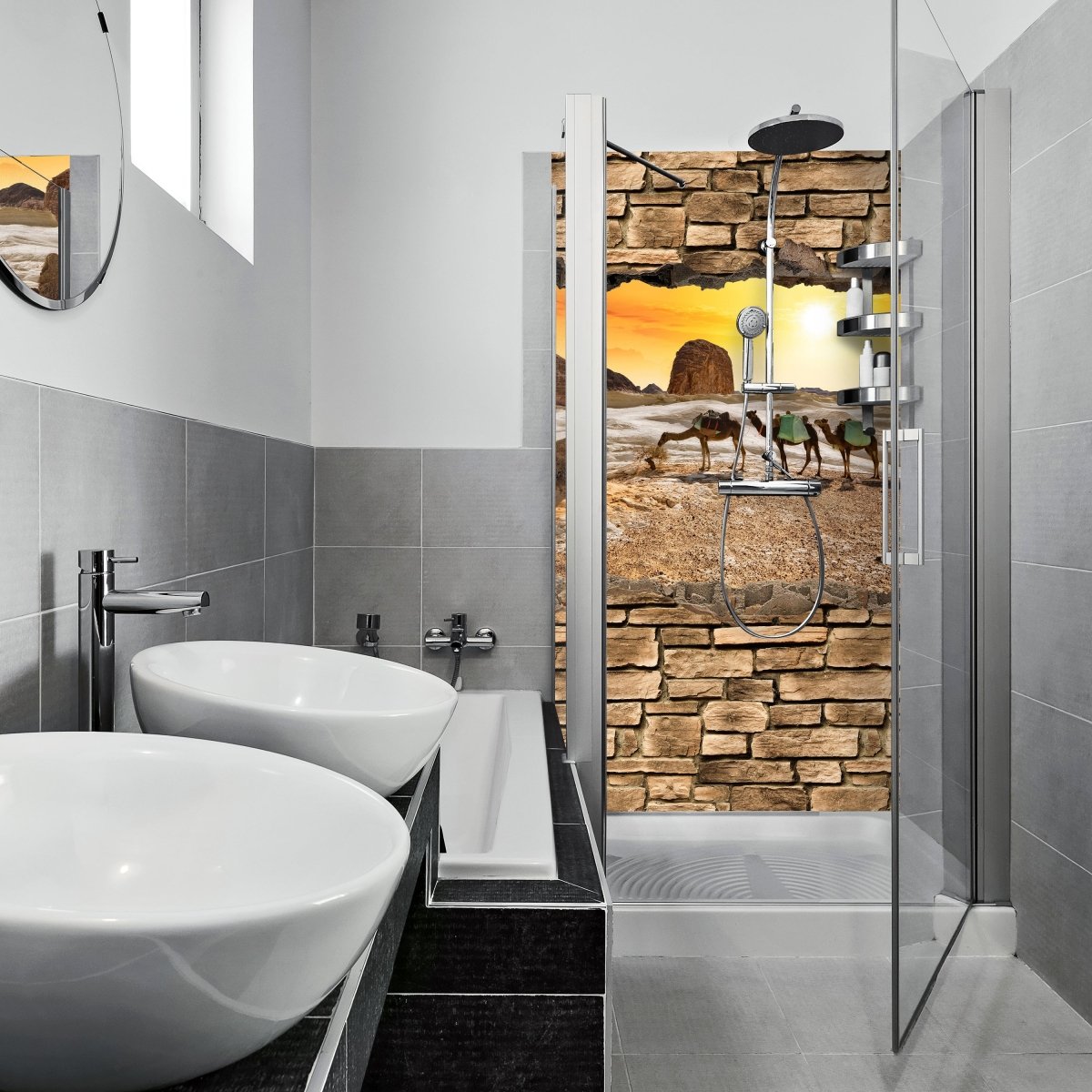 Duschwand 3D Kamele in der Wüste - Steinmauer M0673 entdecken - Bild 1 Duschwand 3D Kamele in der Wüste - Steinmauer M0673 entdecken - Bild 1