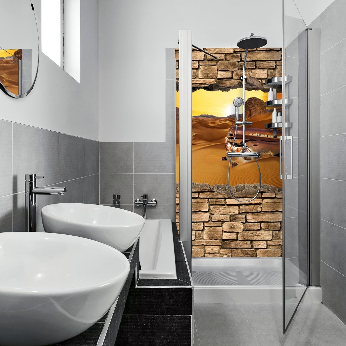 Duschwand 3D Altes Auto in der Wüste -Steinmauer M0674 entdecken - Bild 1 Duschwand 3D Altes Auto in der Wüste -Steinmauer M0674 entdecken - Bild 1