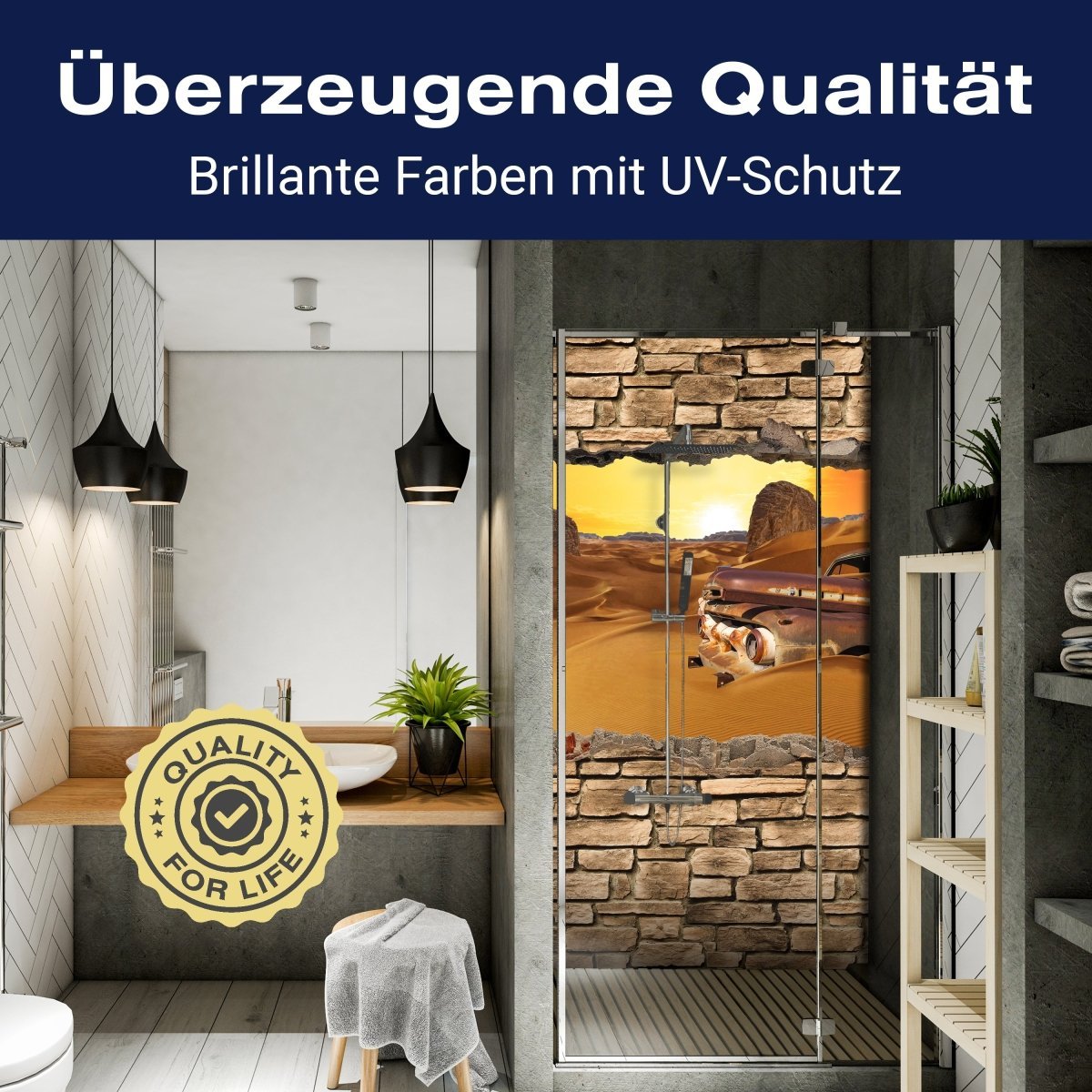 Duschwand 3D Altes Auto in der Wüste -Steinmauer M0674 entdecken - Bild 2 Duschwand 3D Altes Auto in der Wüste -Steinmauer M0674 entdecken - Bild 2