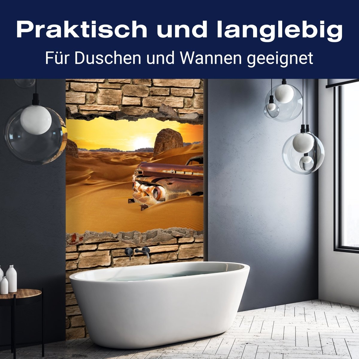 Duschwand 3D Altes Auto in der Wüste -Steinmauer M0674 entdecken - Bild 3 Duschwand 3D Altes Auto in der Wüste -Steinmauer M0674 entdecken - Bild 3