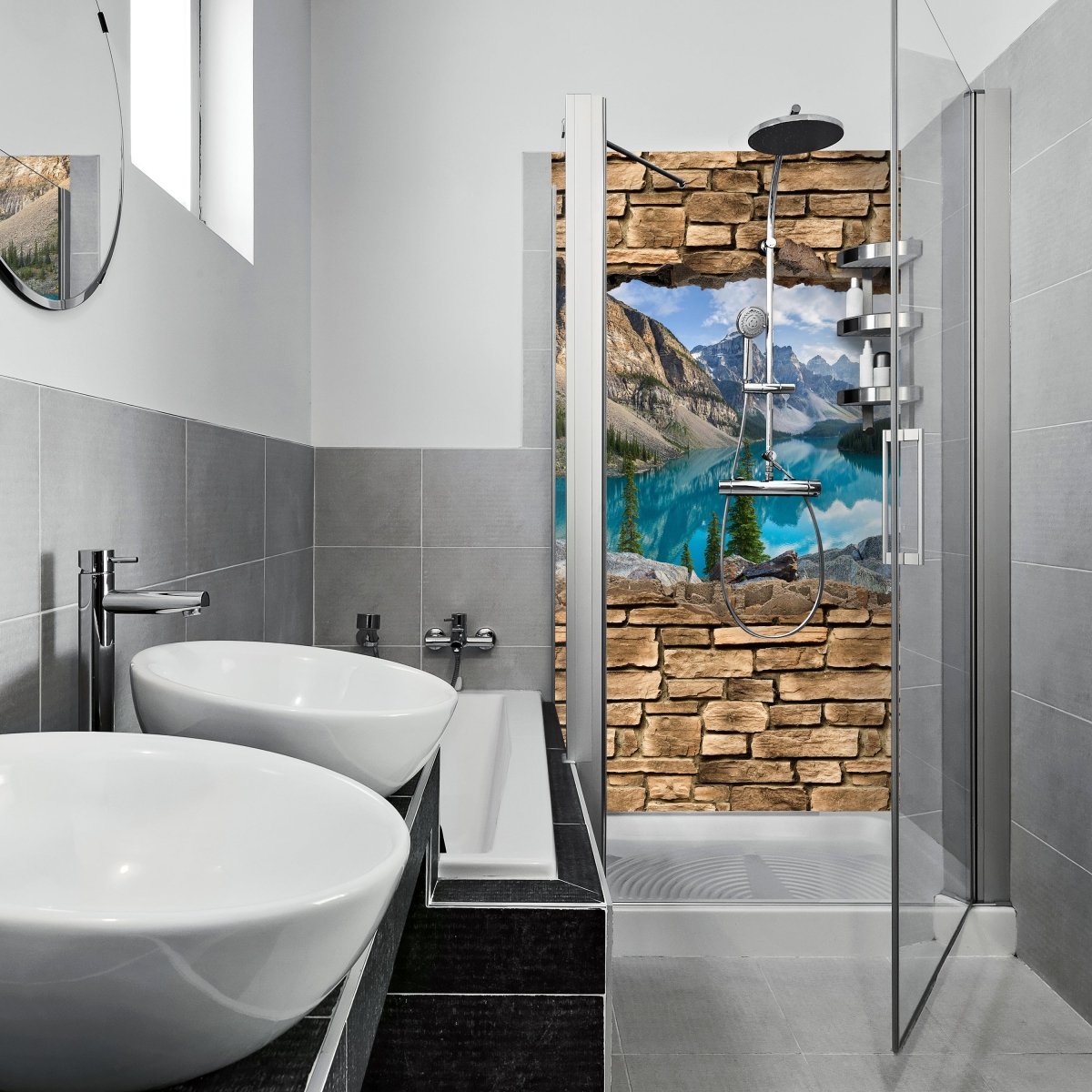 Duschwand 3D Moraine lake rocky mountain panorama - Steinmauer M0676 entdecken - Bild 1 Duschwand 3D Moraine lake rocky mountain panorama - Steinmauer M0676 entdecken - Bild 1