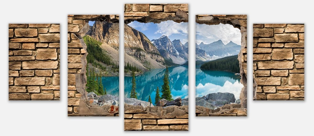 Leinwandbild Mehrteiler 3D Moraine lake rocky mountain panorama - Steinmauer M0676 entdecken - Bild 1 Leinwandbild Mehrteiler 3D Moraine lake rocky mountain panorama - Steinmauer M0676 entdecken - Bild 1