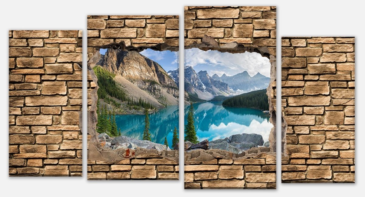 Leinwandbild Mehrteiler 3D Moraine lake rocky mountain panorama - Steinmauer M0676 Leinwandbild Mehrteiler 3D Moraine lake rocky mountain panorama - Steinmauer M0676