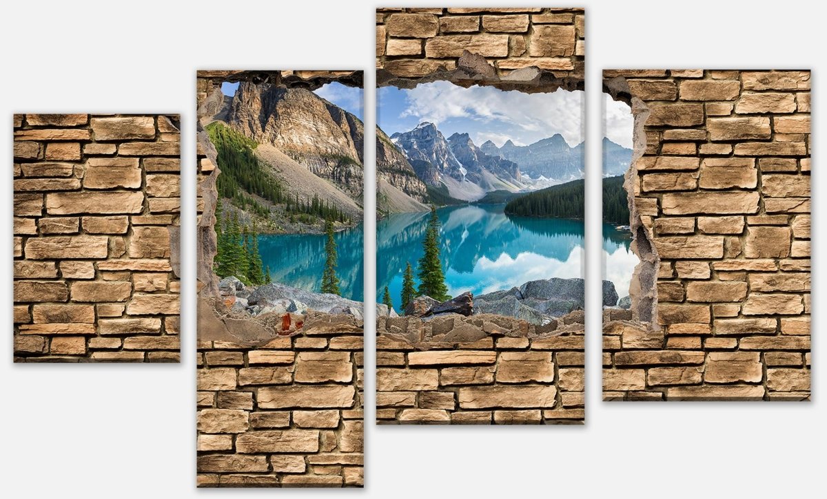 Leinwandbild Mehrteiler 3D Moraine lake rocky mountain panorama - Steinmauer M0676 Leinwandbild Mehrteiler 3D Moraine lake rocky mountain panorama - Steinmauer M0676