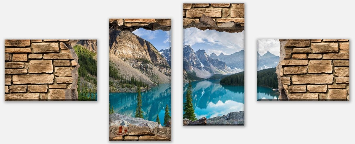 Leinwandbild Mehrteiler 3D Moraine lake rocky mountain panorama - Steinmauer M0676 Leinwandbild Mehrteiler 3D Moraine lake rocky mountain panorama - Steinmauer M0676