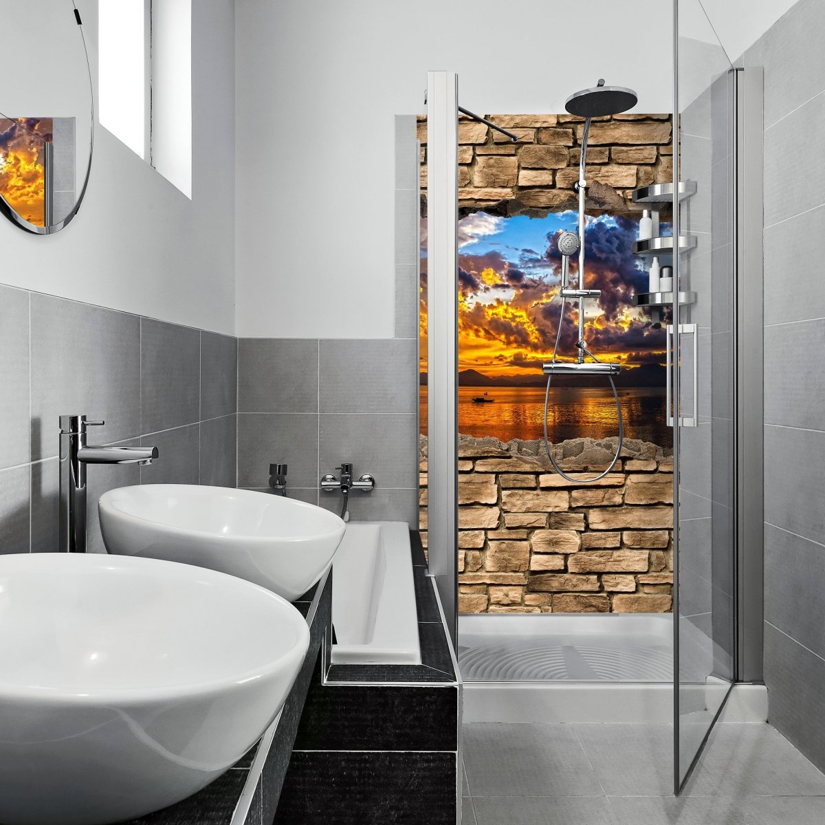 Duschwand 3D Optik - Sonnenuntergang- Steinmauer M0678 entdecken - Bild 1 Duschwand 3D Optik - Sonnenuntergang- Steinmauer M0678 entdecken - Bild 1