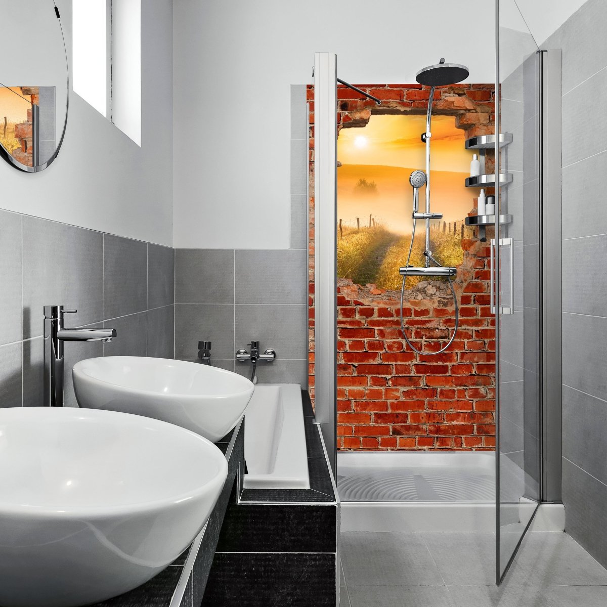 Duschwand Diesige Landschaft - Roter Backstein M0680 entdecken - Bild 1 Duschwand Diesige Landschaft - Roter Backstein M0680 entdecken - Bild 1