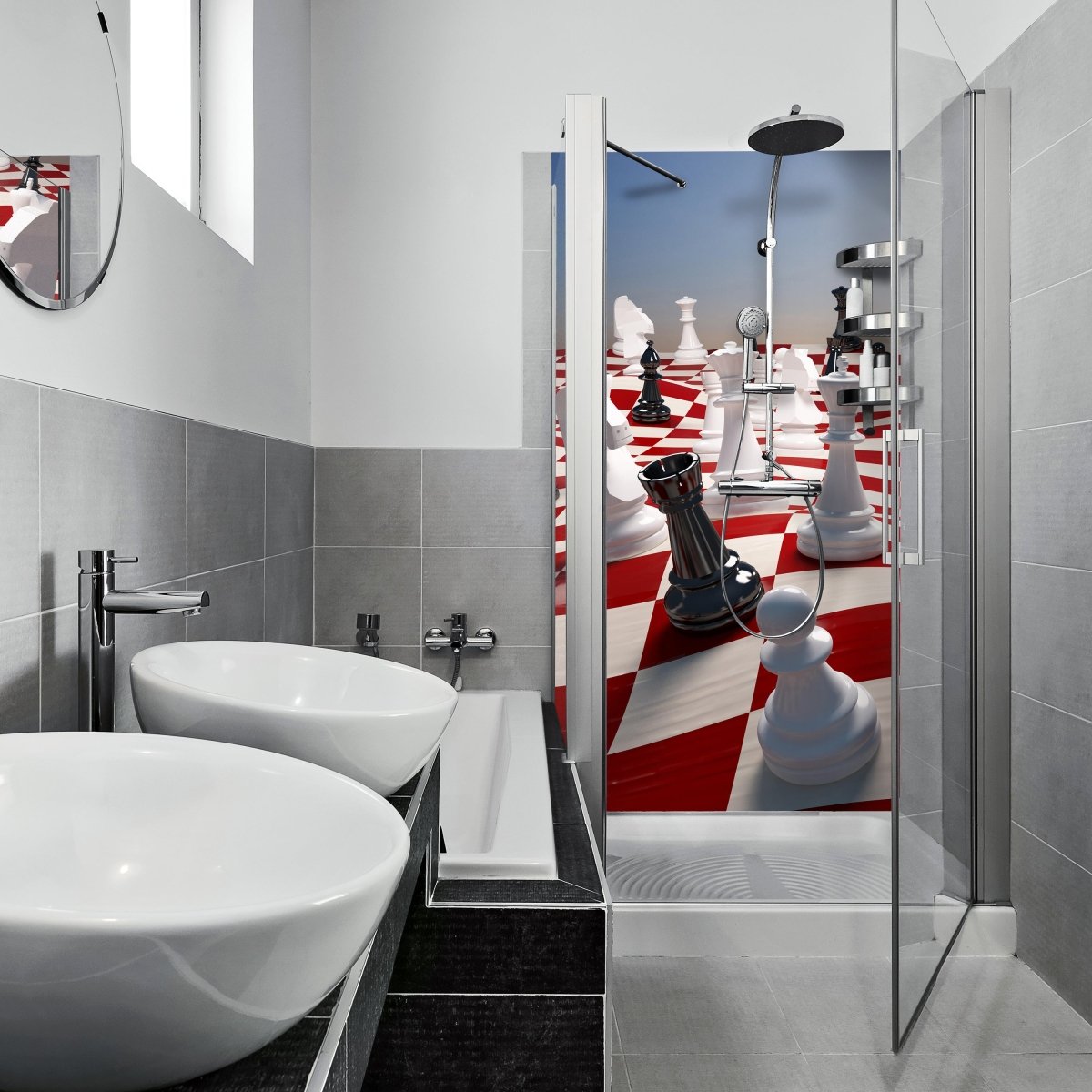 Duschwand Schach auf einem winkenden Schachfeld M0779 entdecken - Bild 1 Duschwand Schach auf einem winkenden Schachfeld M0779 entdecken - Bild 1