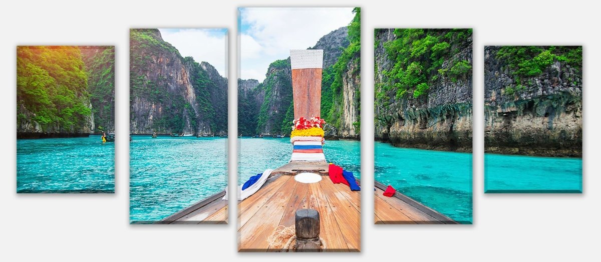 Leinwandbild Mehrteiler Langes Boot und blaues Wasser in der Bucht von Maya M0799 entdecken - Bild 1 Leinwandbild Mehrteiler Langes Boot und blaues Wasser in der Bucht von Maya M0799 entdecken - Bild 1