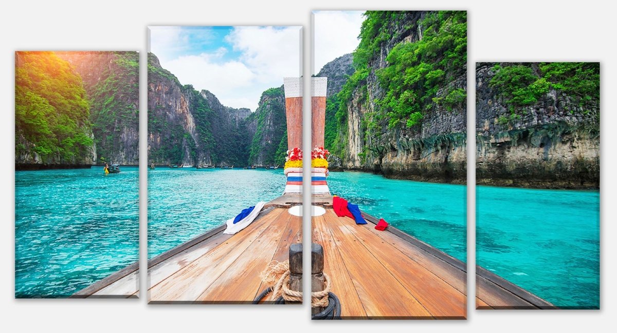 Leinwandbild Mehrteiler Langes Boot und blaues Wasser in der Bucht von Maya M0799 Leinwandbild Mehrteiler Langes Boot und blaues Wasser in der Bucht von Maya M0799