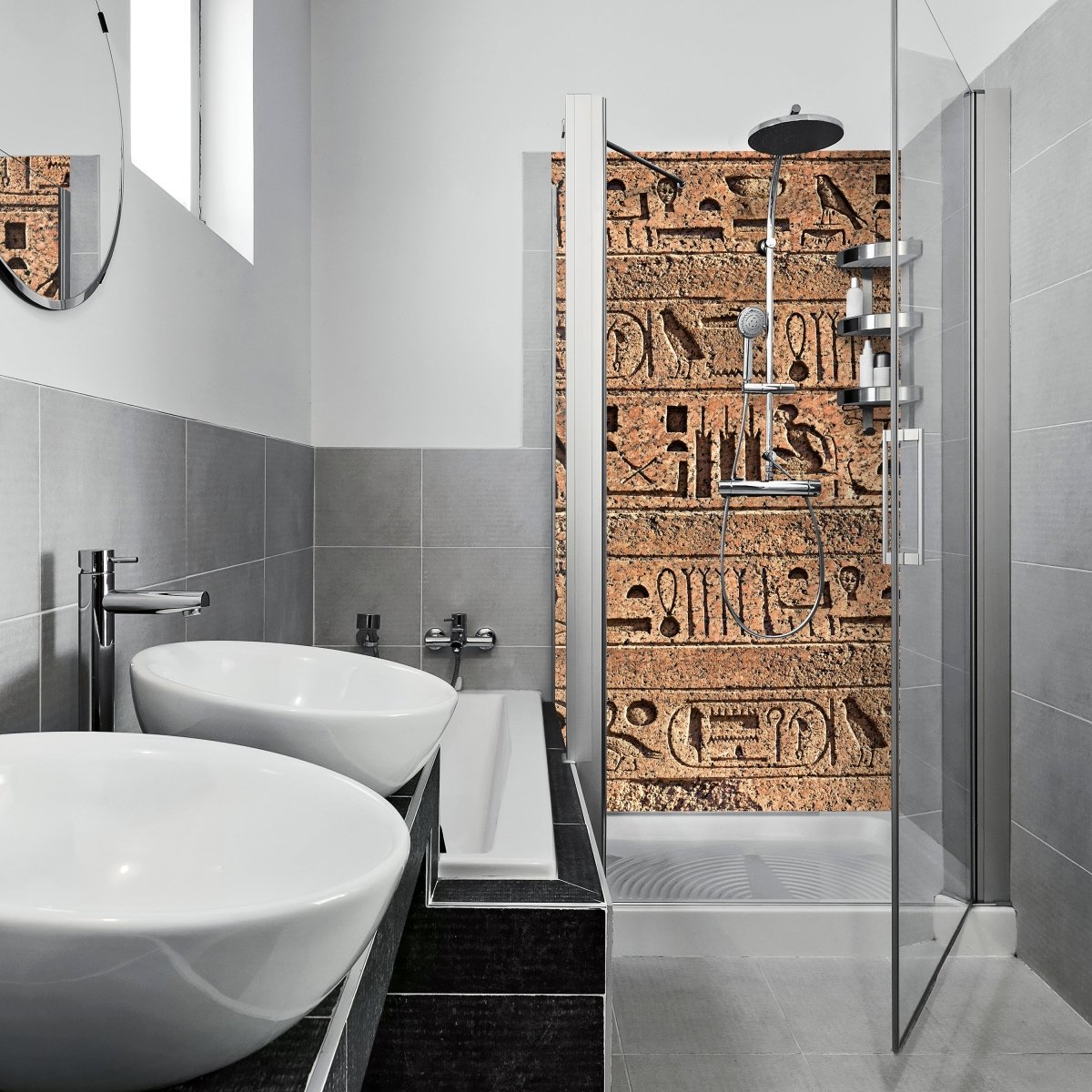 Duschwand Ägyptische Hieroglyphen auf einer alten Mauer M0806 entdecken - Bild 1 Duschwand Ägyptische Hieroglyphen auf einer alten Mauer M0806 entdecken - Bild 1