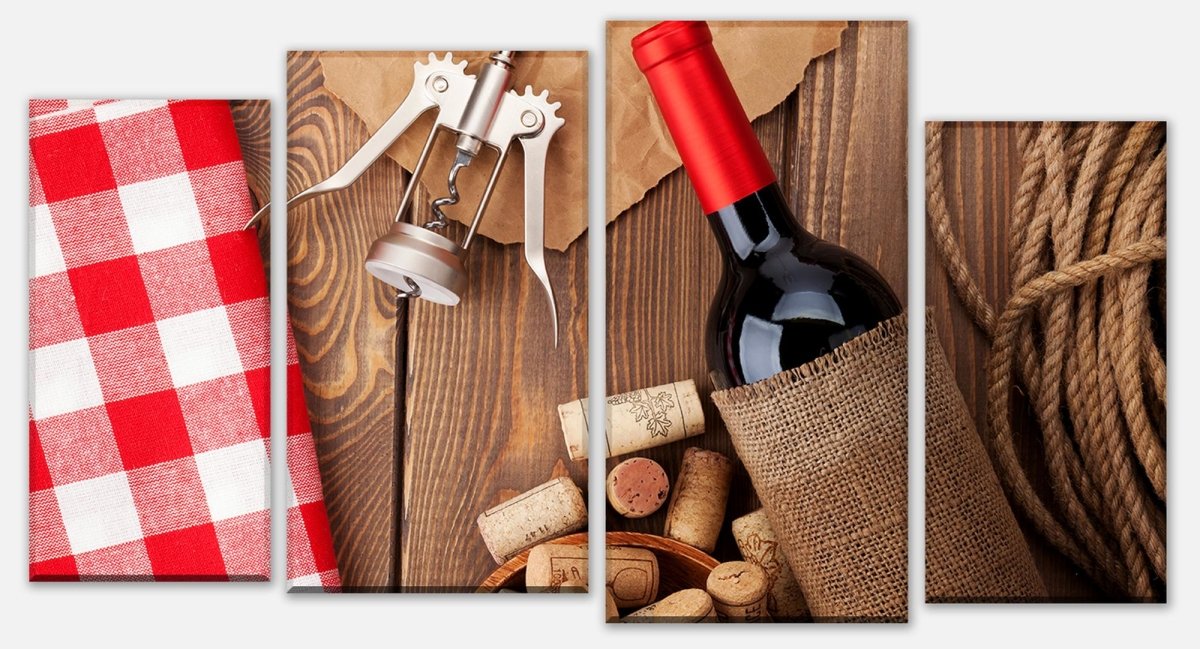Leinwandbild Mehrteiler Rotweinflasche, Schüssel mit Korken und Korkenzieher M0832 Leinwandbild Mehrteiler Rotweinflasche, Schüssel mit Korken und Korkenzieher M0832