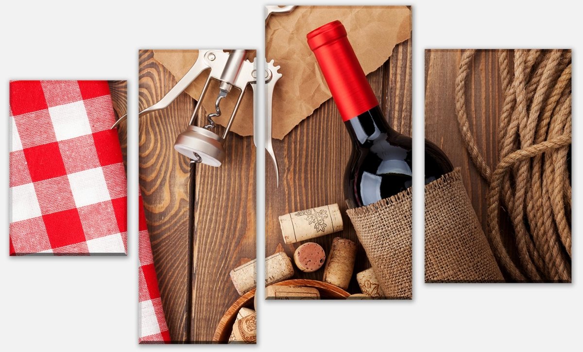 Leinwandbild Mehrteiler Rotweinflasche, Schüssel mit Korken und Korkenzieher M0832 Leinwandbild Mehrteiler Rotweinflasche, Schüssel mit Korken und Korkenzieher M0832