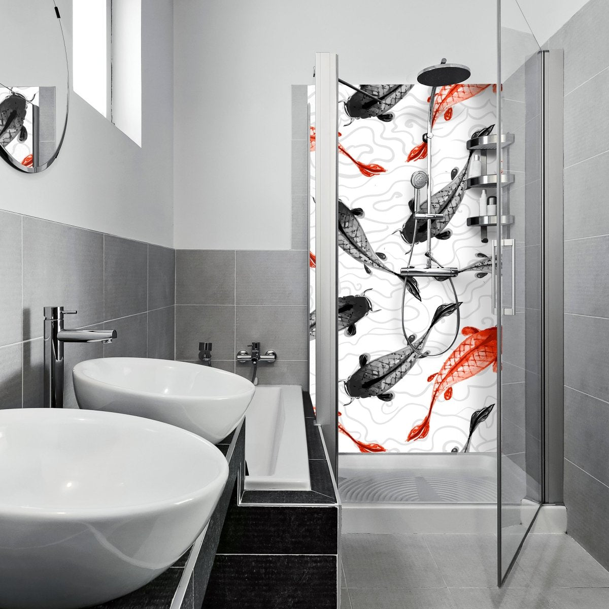 Duschwand rote und schwarze Koi-Karpfen M0946 entdecken - Bild 1 Duschwand rote und schwarze Koi-Karpfen M0946 entdecken - Bild 1
