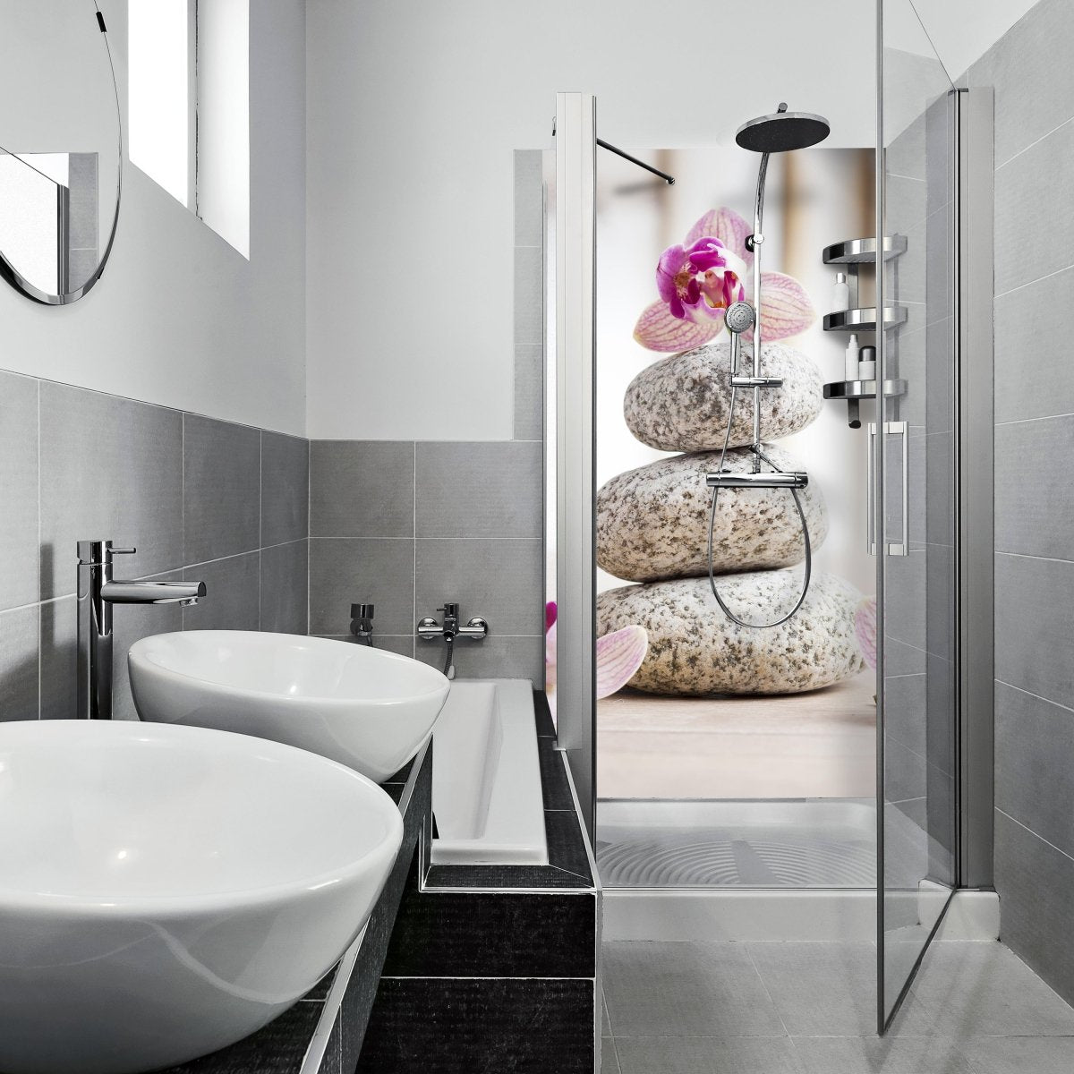 Duschwand Orchideen, weiße Steine - SPA M0959 entdecken - Bild 1 Duschwand Orchideen, weiße Steine - SPA M0959 entdecken - Bild 1