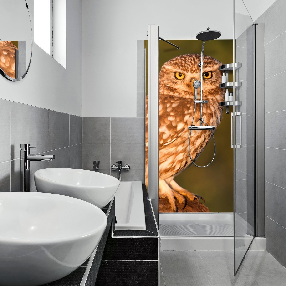 Duschwand Kleine Eule, Baumstamm M1026 entdecken - Bild 1 Duschwand Kleine Eule, Baumstamm M1026 entdecken - Bild 1
