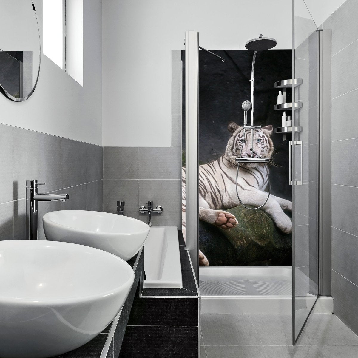 Duschwand Weißer Tiger, Höhle M1027 entdecken - Bild 1 Duschwand Weißer Tiger, Höhle M1027 entdecken - Bild 1