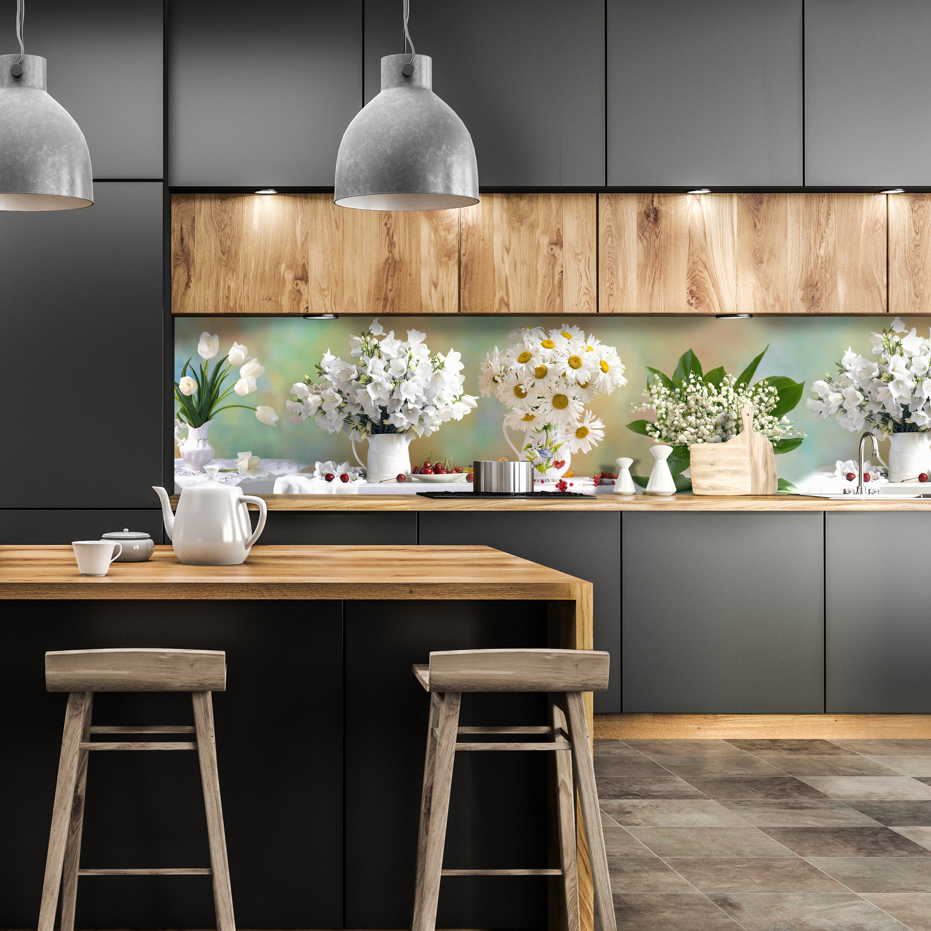 Küchenrückwand Tulpen Gänseblümchen Weiß Kirschen M1088 entdecken - Bild 1 Küchenrückwand Tulpen Gänseblümchen Weiß Kirschen M1088 entdecken - Bild 1