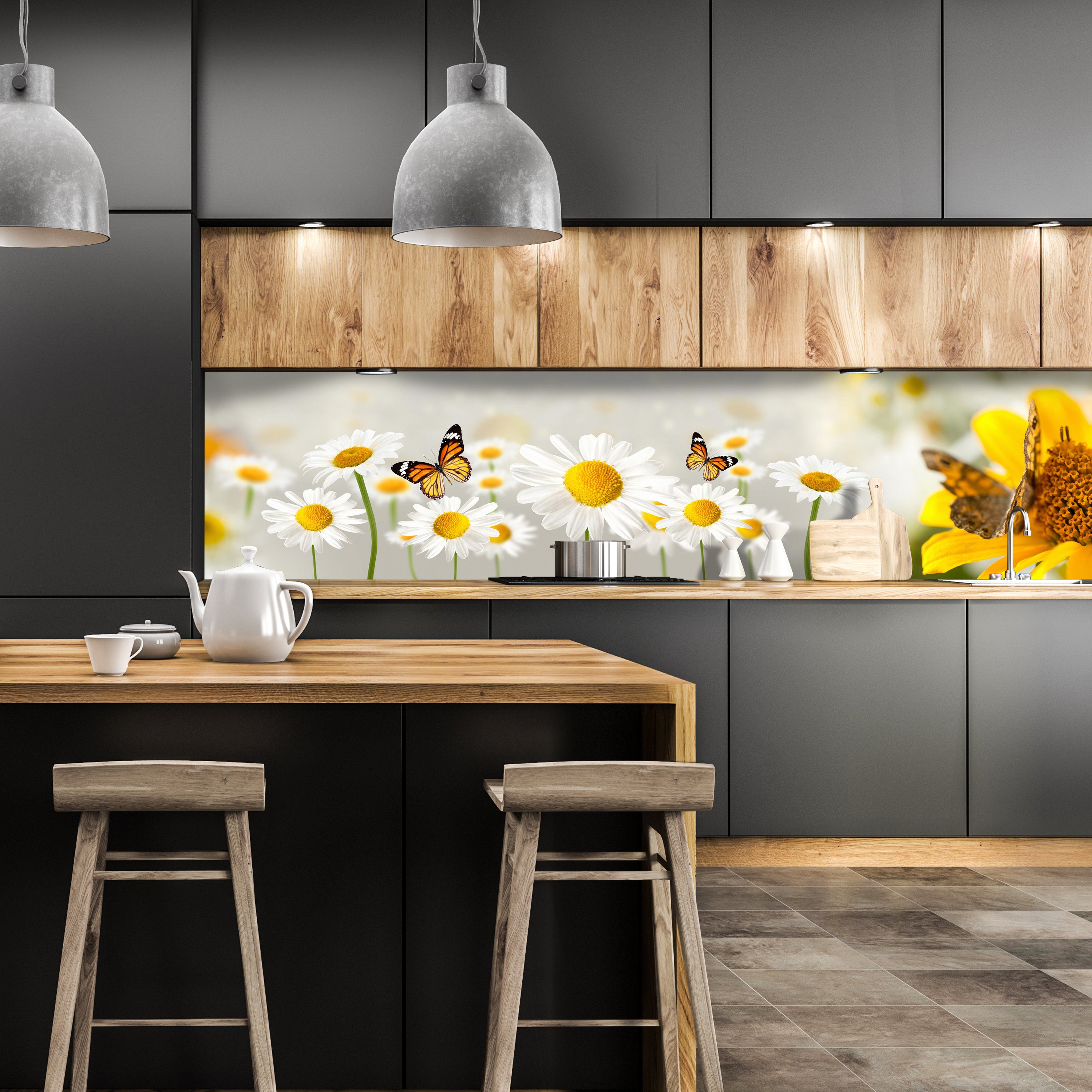 Küchenrückwand Gänseblümchen Schmetterlinge M1095 entdecken - Bild 1 Küchenrückwand Gänseblümchen Schmetterlinge M1095 entdecken - Bild 1