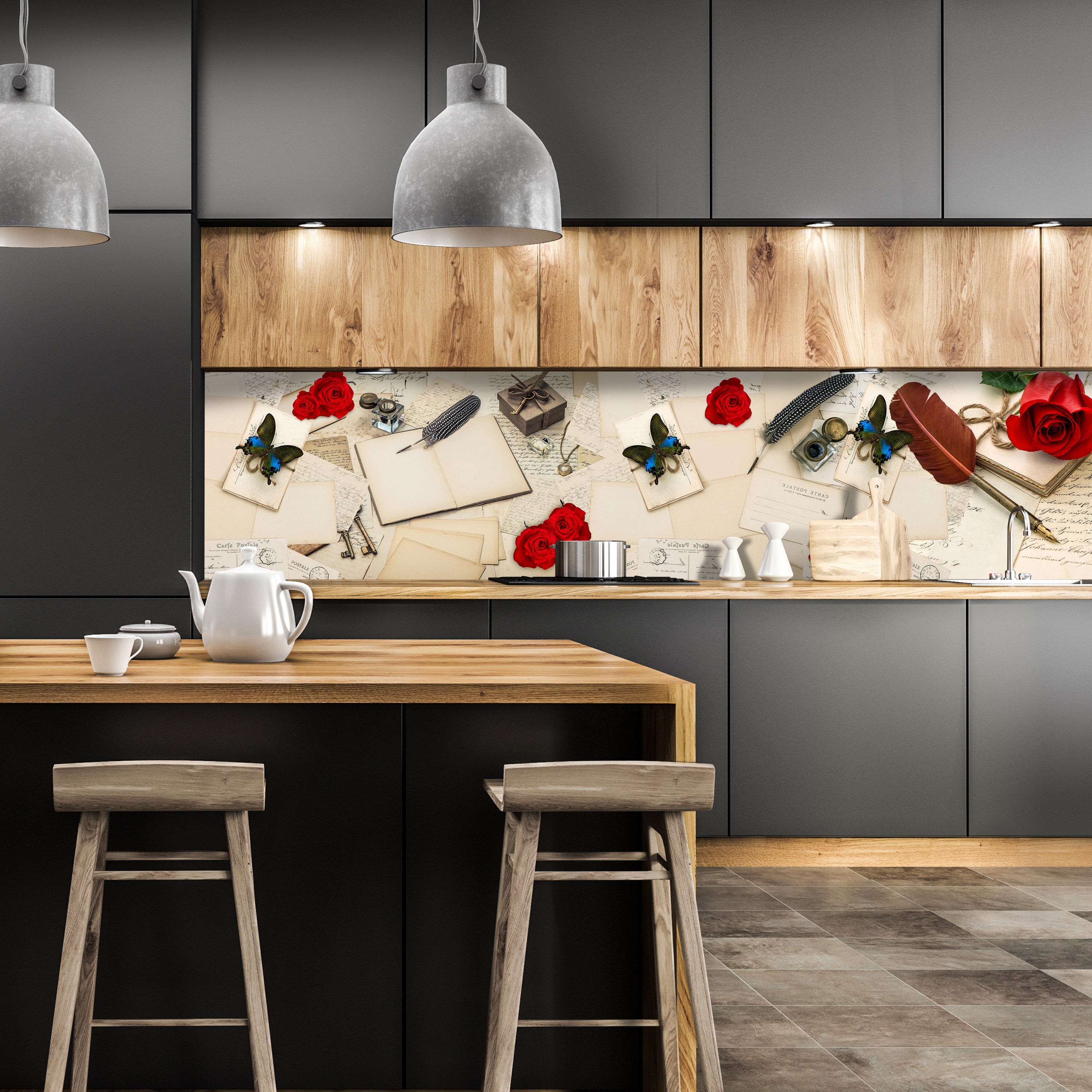 Küchenrückwand Rosen Briefe Postkarten Feder M1165 entdecken - Bild 1 Küchenrückwand Rosen Briefe Postkarten Feder M1165 entdecken - Bild 1