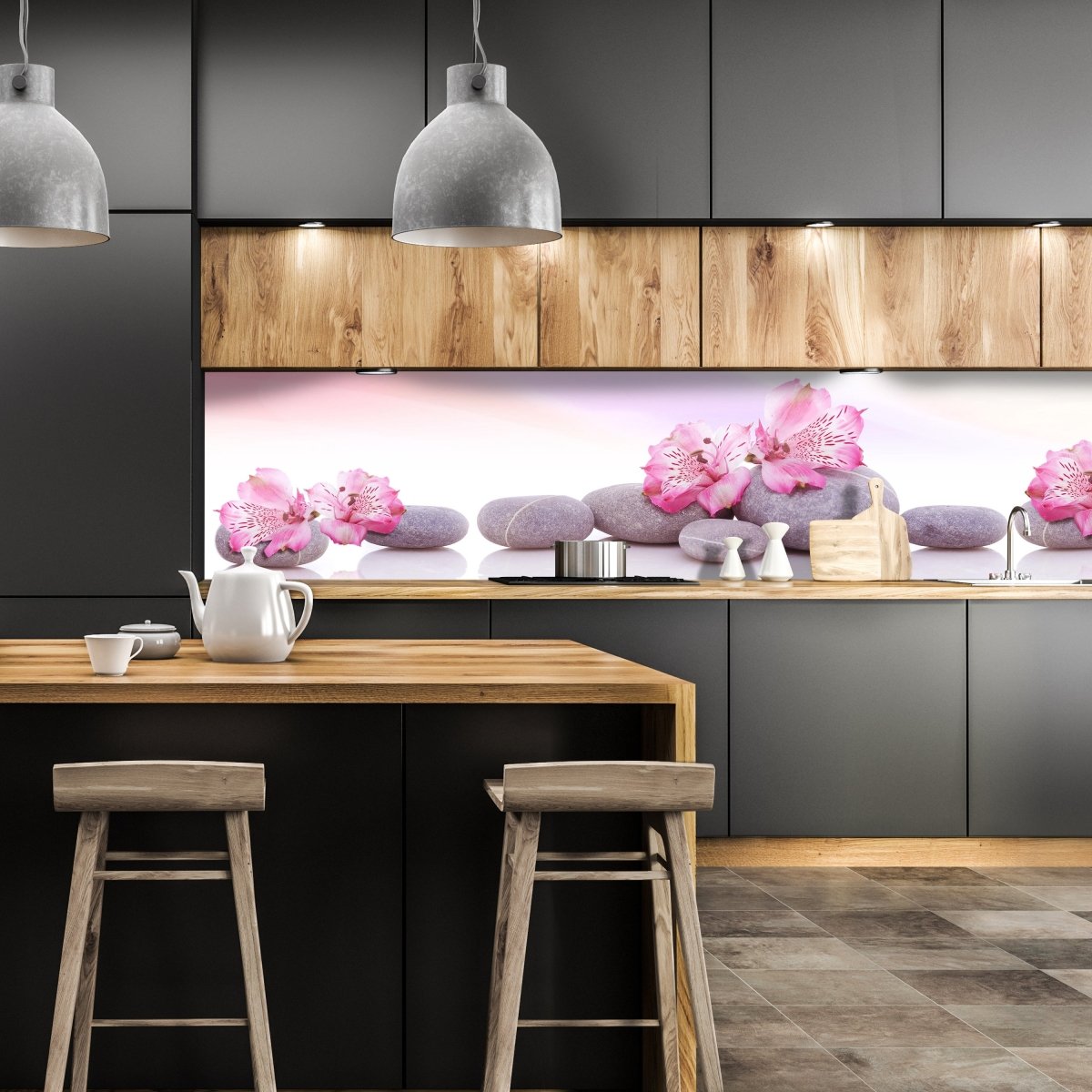 Küchenrückwand Steine Linien Spiegelung Rosa Blüten M1198 entdecken - Bild 1 Küchenrückwand Steine Linien Spiegelung Rosa Blüten M1198 entdecken - Bild 1