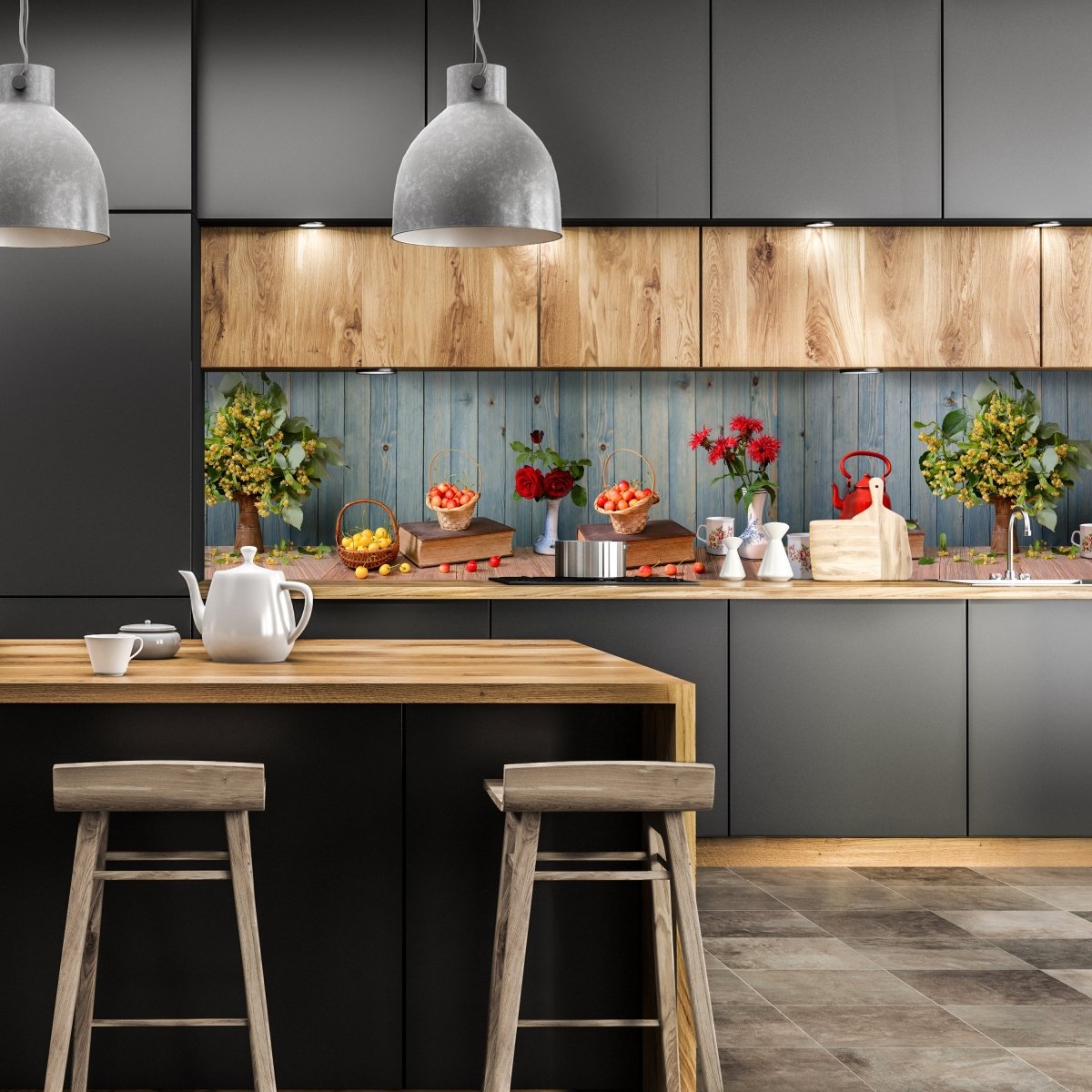 Küchenrückwand Rosen Holz Kanne Kirschen Blüten Gelb M1204 entdecken - Bild 1 Küchenrückwand Rosen Holz Kanne Kirschen Blüten Gelb M1204 entdecken - Bild 1