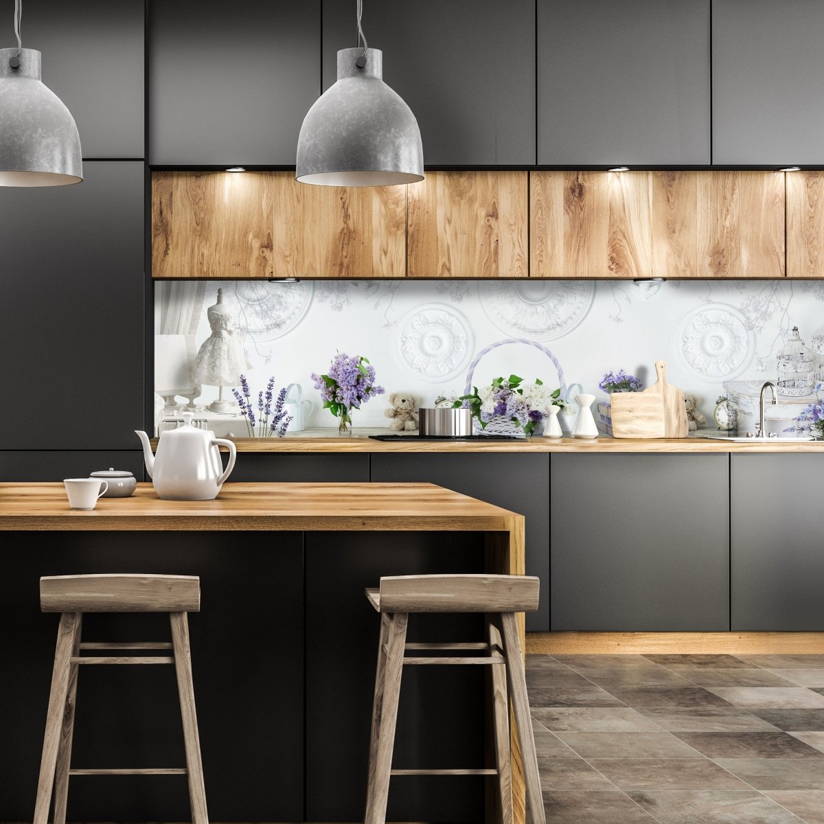 Küchenrückwand Flieder Lila Korb Bücher Stuck Weiß M1210 entdecken - Bild 1 Küchenrückwand Flieder Lila Korb Bücher Stuck Weiß M1210 entdecken - Bild 1