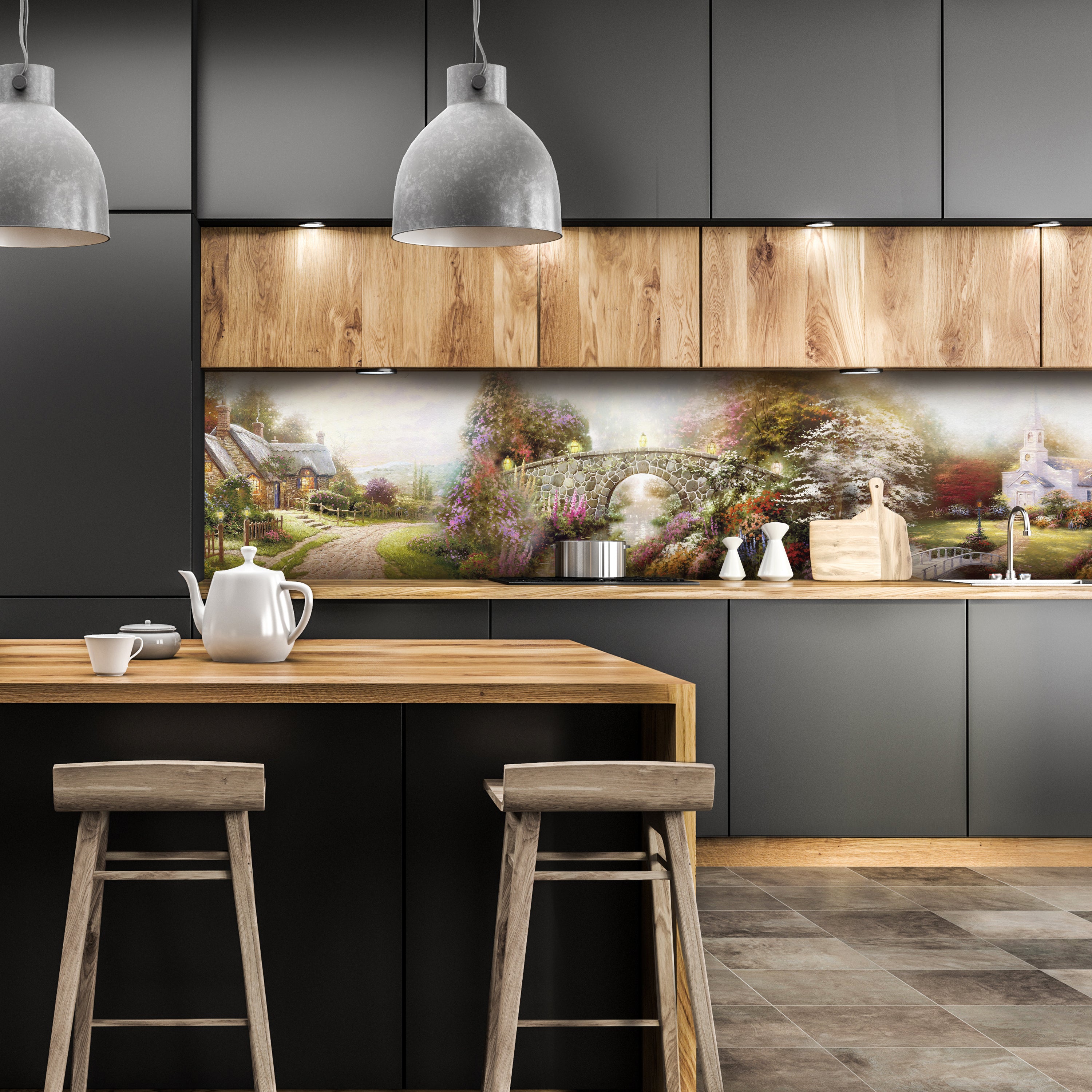 Küchenrückwand Gemalt Dorf Kirche Bach Weg Pflanzen M1232 entdecken - Bild 1 Küchenrückwand Gemalt Dorf Kirche Bach Weg Pflanzen M1232 entdecken - Bild 1