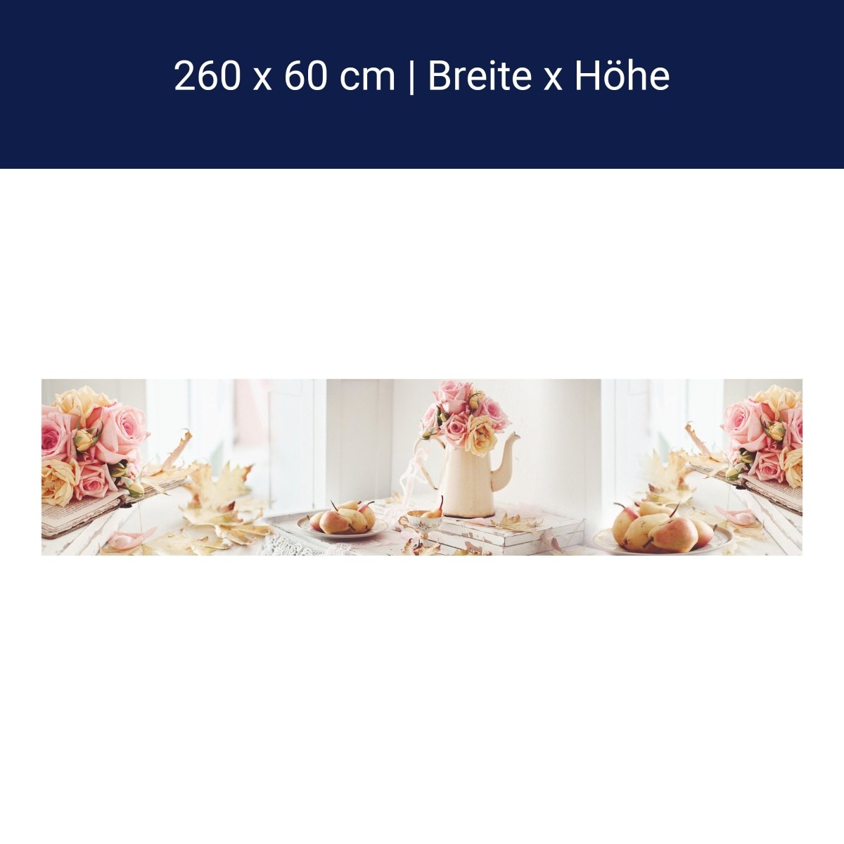 Küchenrückwand Rosen Kanne Birnen Blütenblätter Bücher M1273 Küchenrückwand Rosen Kanne Birnen Blütenblätter Bücher M1273
